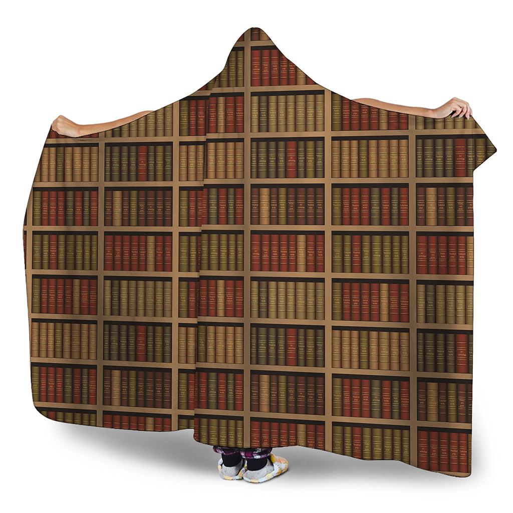 Vintage Bookshelf Pattern Print Hooded Blanket
