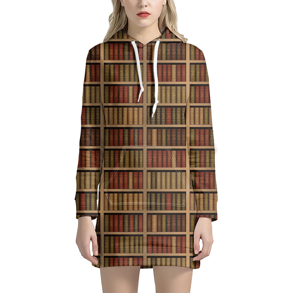 Vintage Bookshelf Pattern Print Hoodie Dress