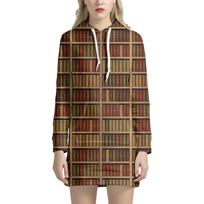 Vintage Bookshelf Pattern Print Hoodie Dress