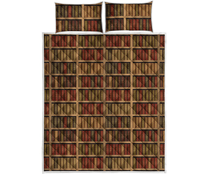 Vintage Bookshelf Pattern Print Quilt Bed Set