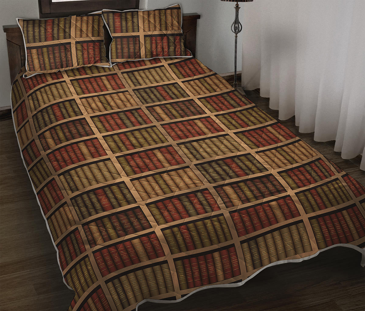 Vintage Bookshelf Pattern Print Quilt Bed Set