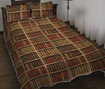 Vintage Bookshelf Pattern Print Quilt Bed Set