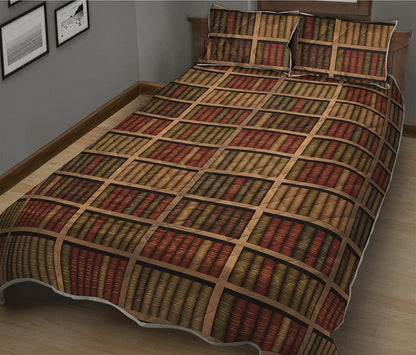 Vintage Bookshelf Pattern Print Quilt Bed Set