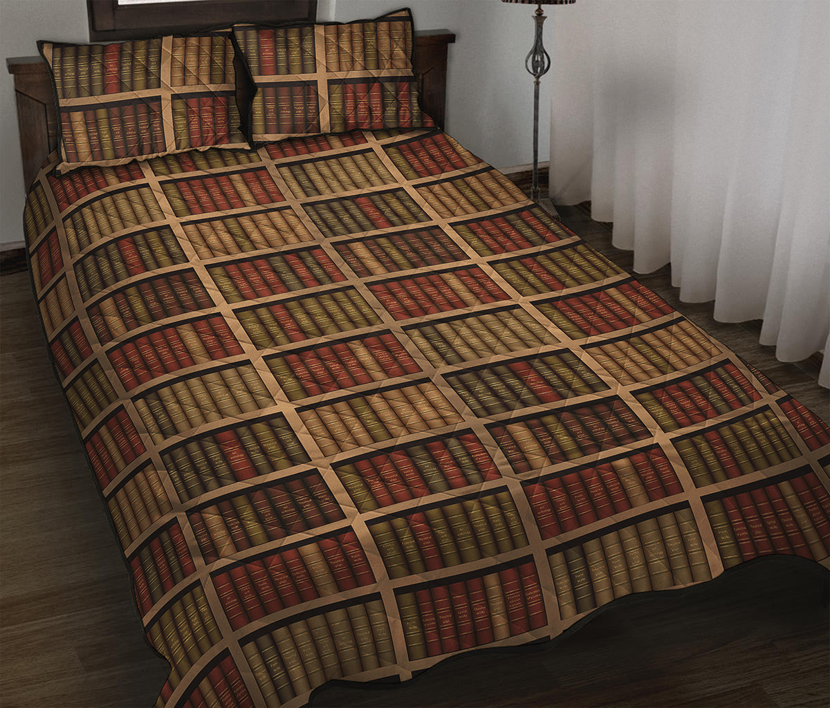 Vintage Bookshelf Pattern Print Quilt Bed Set