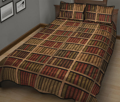 Vintage Bookshelf Pattern Print Quilt Bed Set