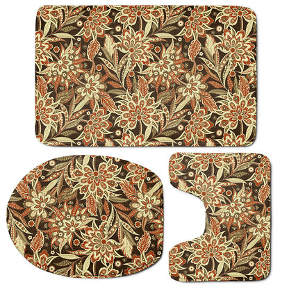 Vintage Brown Bohemian Floral Print 3 Piece Bath Mat Set