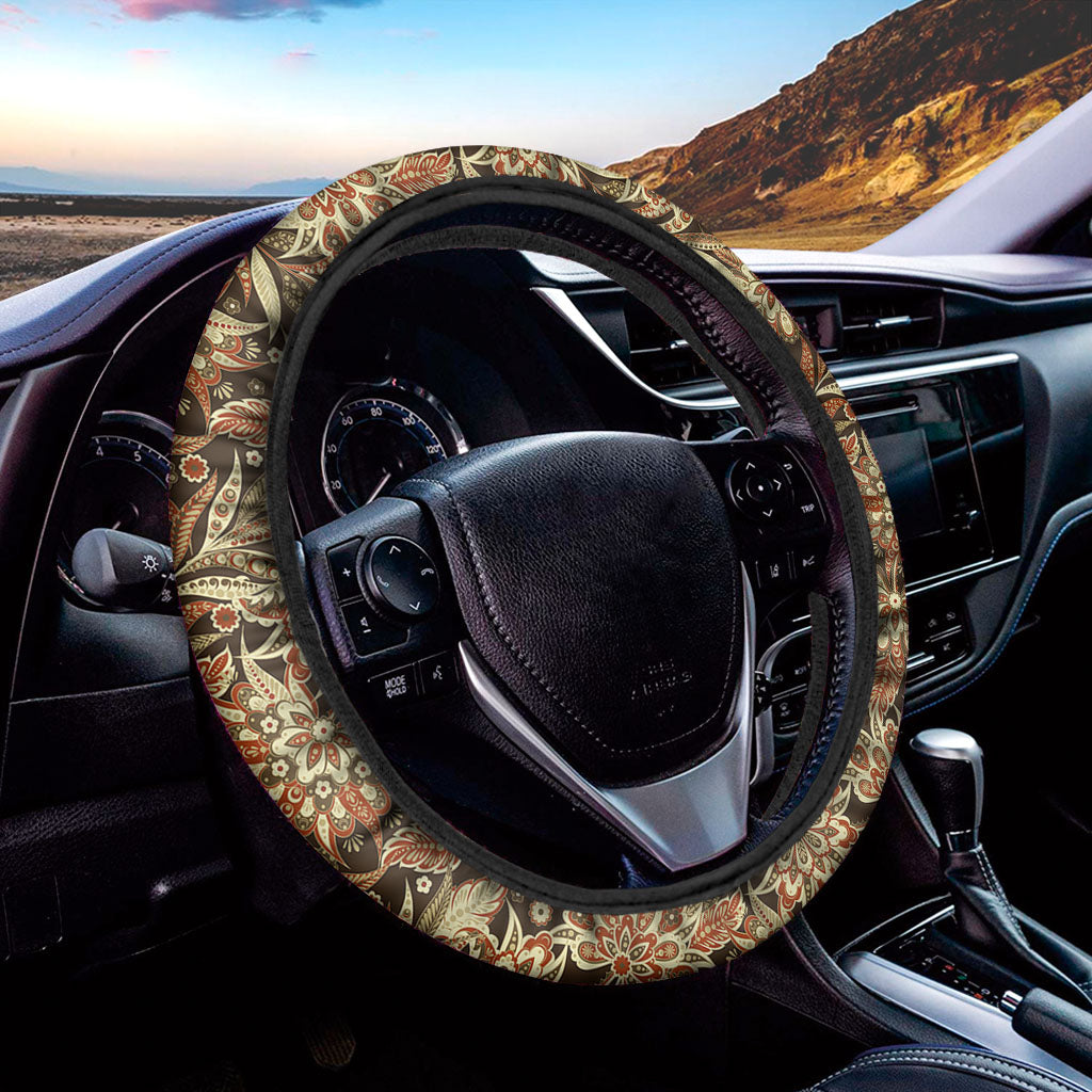 Vintage Brown Bohemian Floral Print Car Steering Wheel Cover