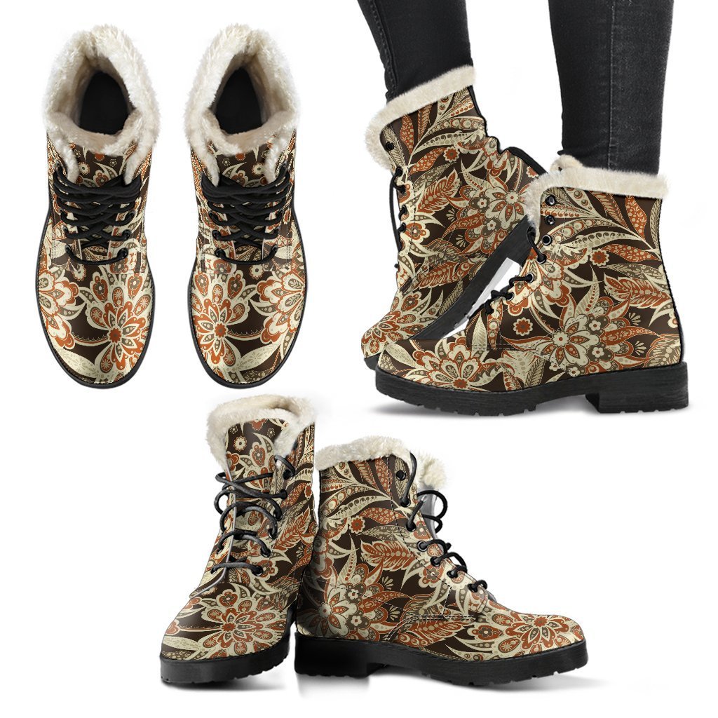 Vintage Brown Bohemian Floral Print Comfy Boots GearFrost