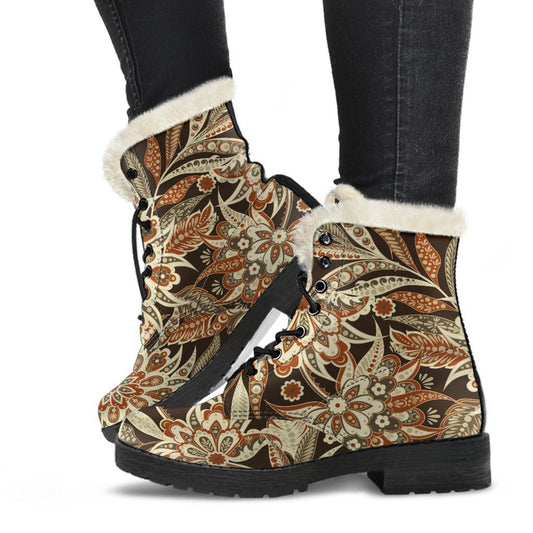 Vintage Brown Bohemian Floral Print Comfy Boots GearFrost