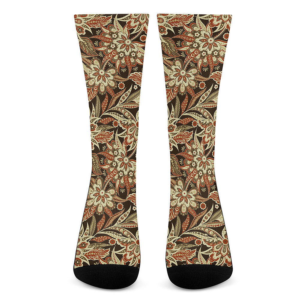 Vintage Brown Bohemian Floral Print Crew Socks