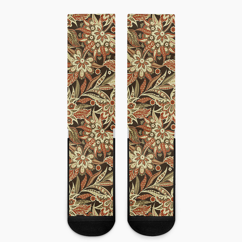 Vintage Brown Bohemian Floral Print Crew Socks