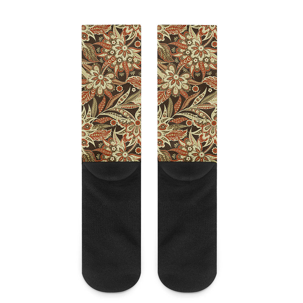 Vintage Brown Bohemian Floral Print Crew Socks