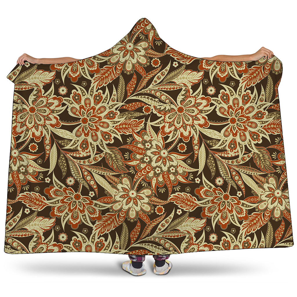 Vintage Brown Bohemian Floral Print Hooded Blanket