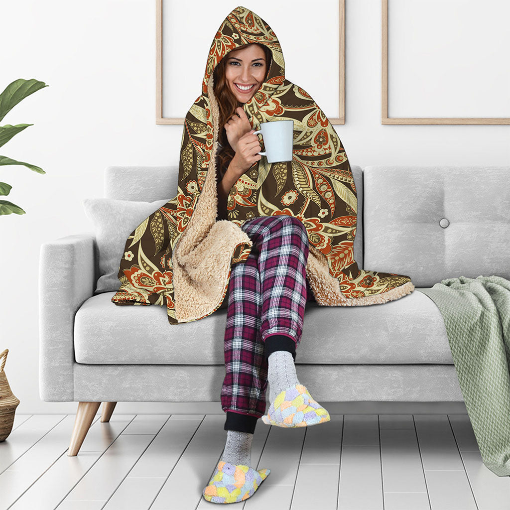 Vintage Brown Bohemian Floral Print Hooded Blanket