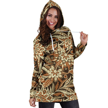 Vintage Brown Bohemian Floral Print Hoodie Dress GearFrost