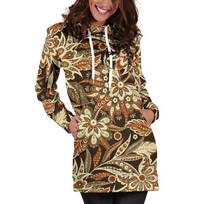 Vintage Brown Bohemian Floral Print Hoodie Dress GearFrost