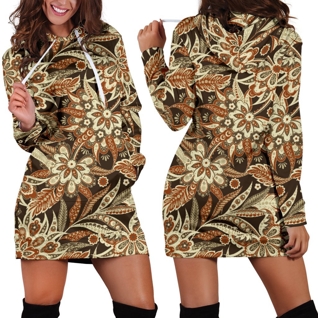 Vintage Brown Bohemian Floral Print Hoodie Dress GearFrost