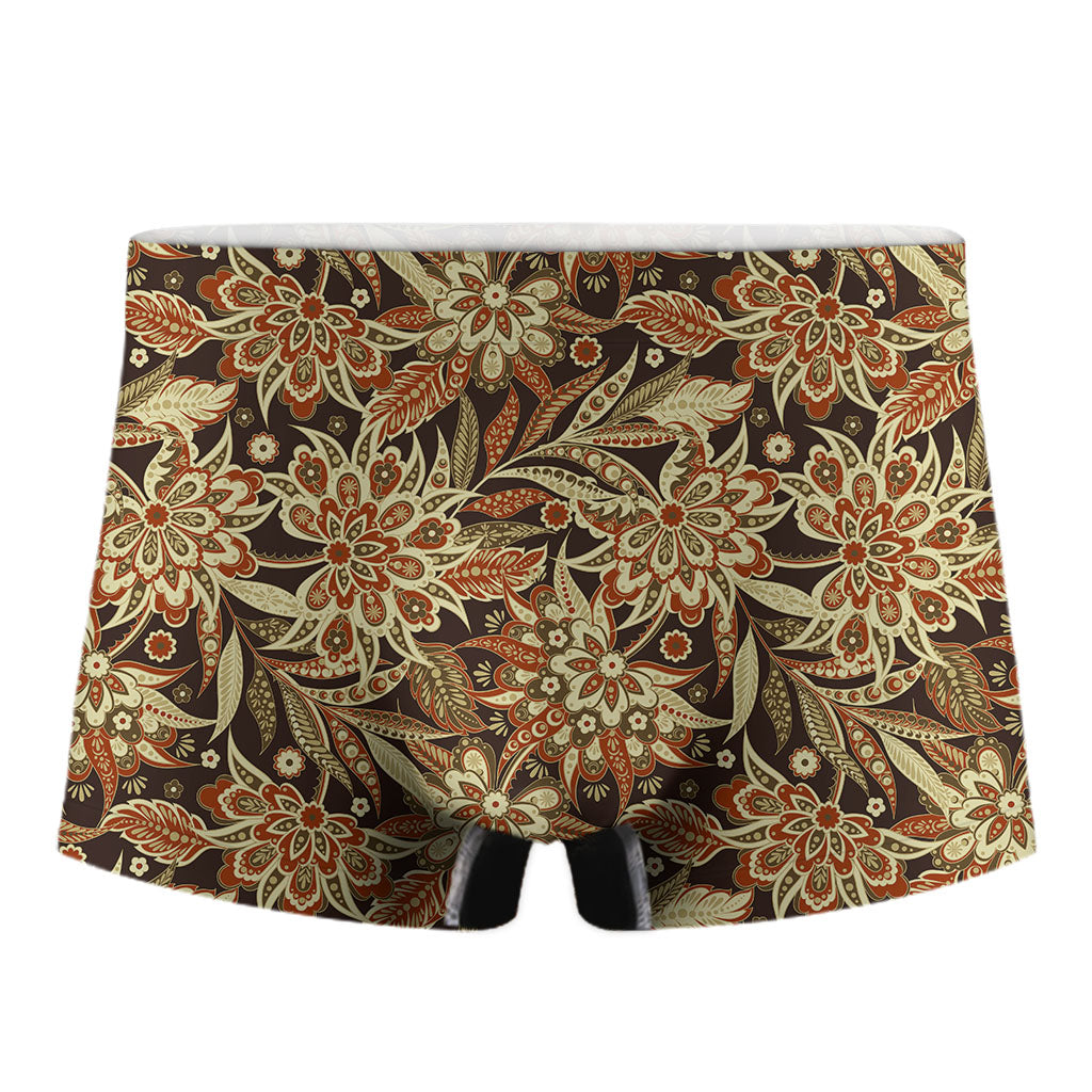 Vintage Brown Bohemian Floral Print Men's Boxer Briefs