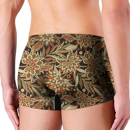 Vintage Brown Bohemian Floral Print Men's Boxer Briefs