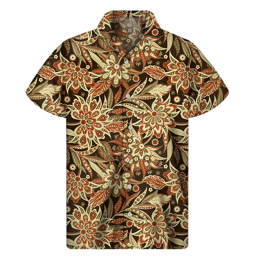 Vintage Brown Bohemian Floral Print Men's Short Sleeve Shirt