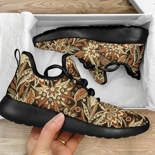 Vintage Brown Bohemian Floral Print Mesh Knit Shoes GearFrost