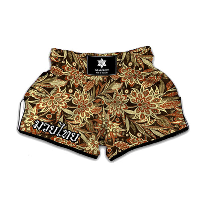 Vintage Brown Bohemian Floral Print Muay Thai Boxing Shorts