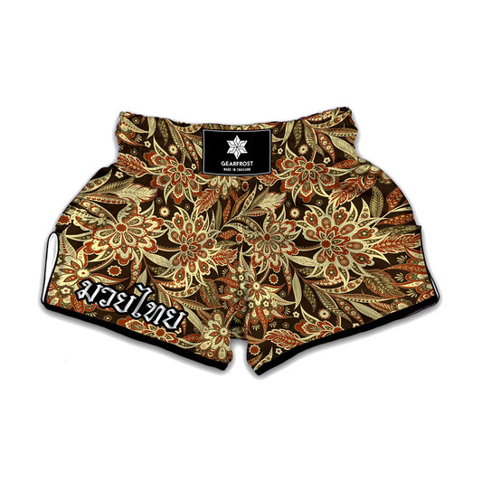 Vintage Brown Bohemian Floral Print Muay Thai Boxing Shorts