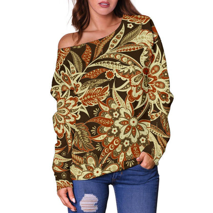 Vintage Brown Bohemian Floral Print Off Shoulder Sweatshirt GearFrost