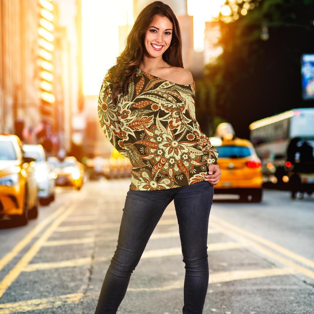 Vintage Brown Bohemian Floral Print Off Shoulder Sweatshirt GearFrost