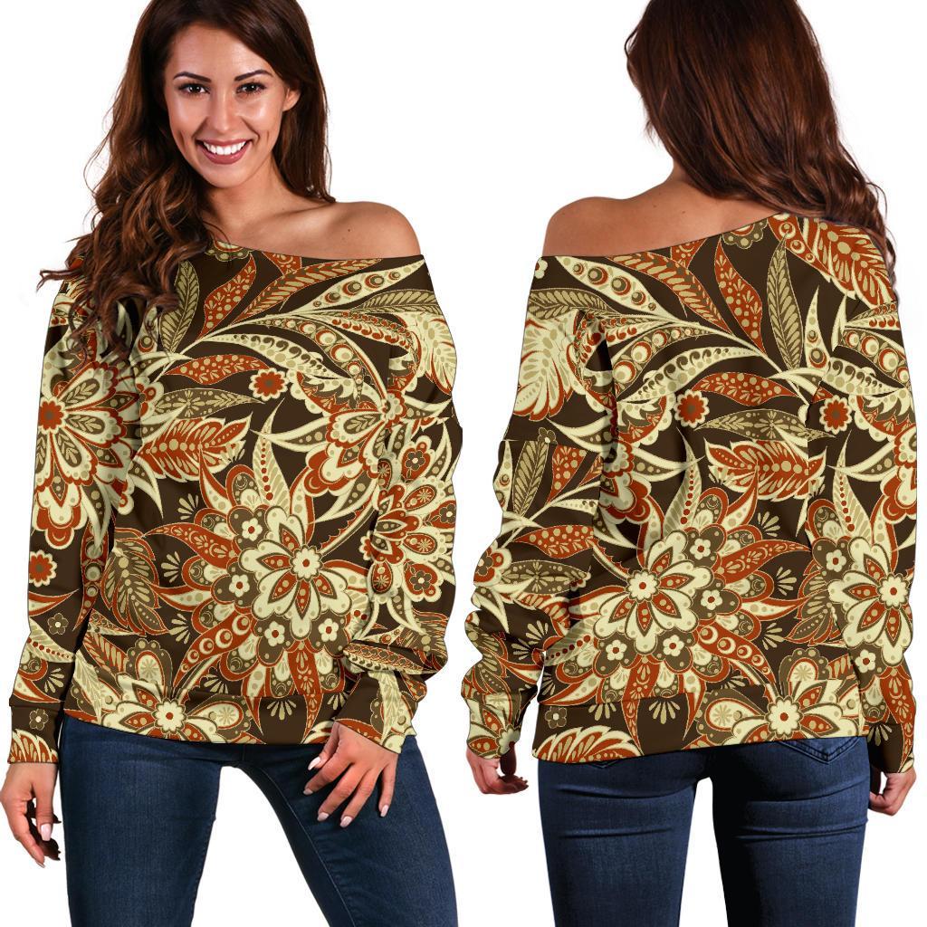 Vintage Brown Bohemian Floral Print Off Shoulder Sweatshirt GearFrost