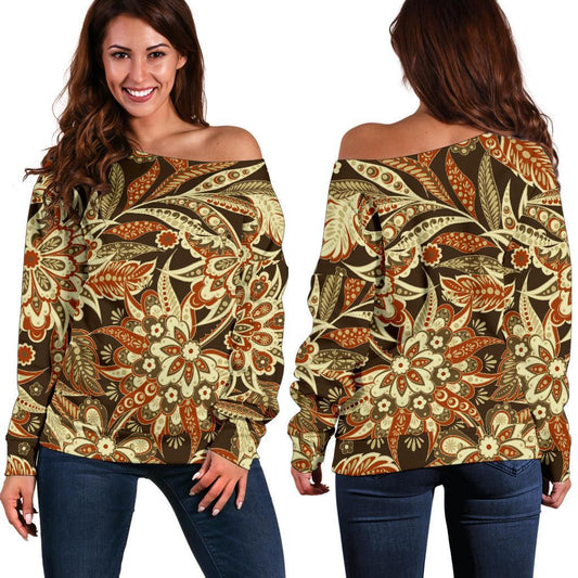 Vintage Brown Bohemian Floral Print Off Shoulder Sweatshirt GearFrost