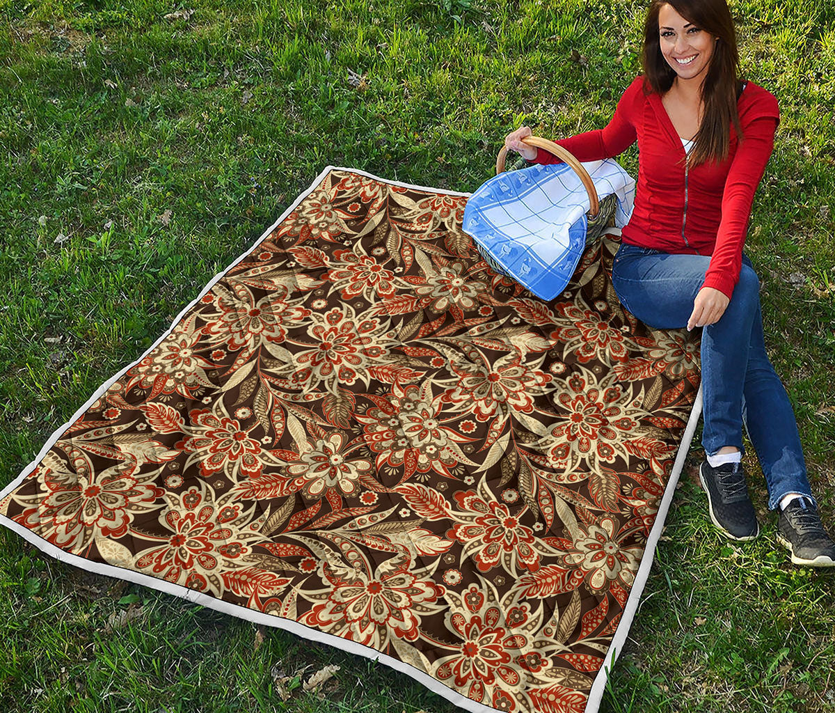 Vintage Brown Bohemian Floral Print Quilt
