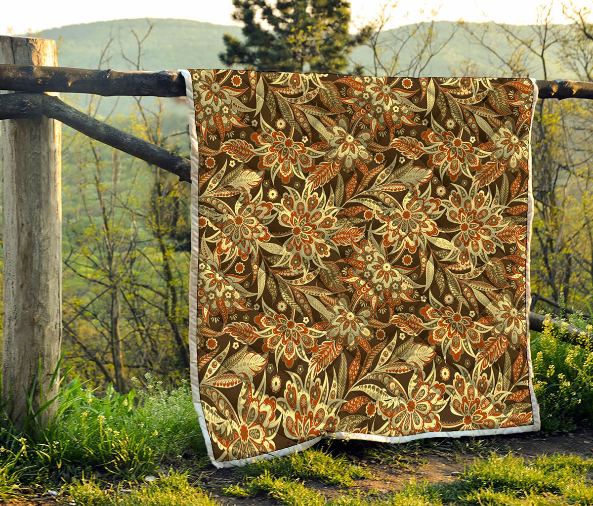 Vintage Brown Bohemian Floral Print Quilt