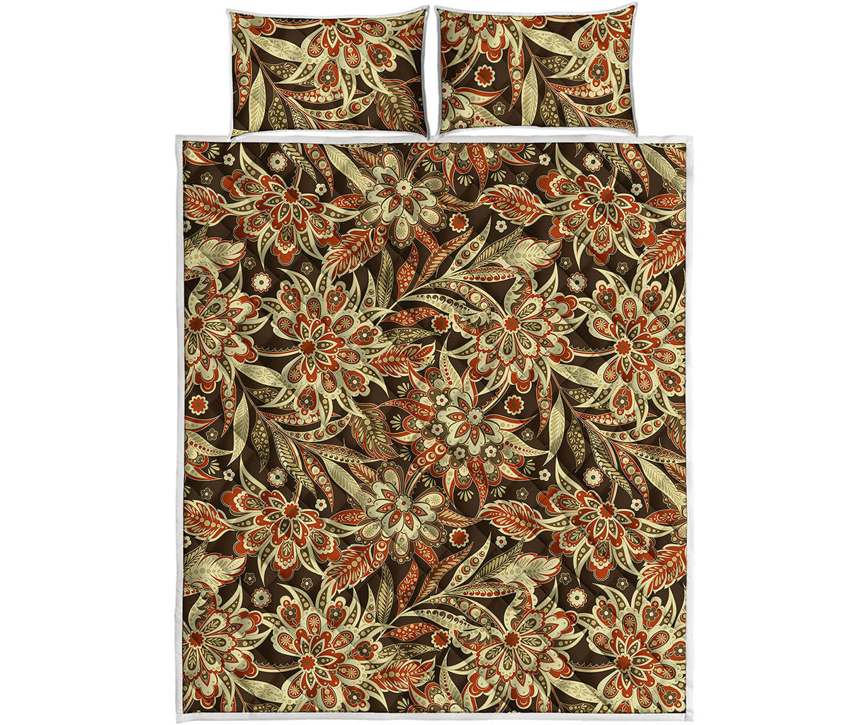 Vintage Brown Bohemian Floral Print Quilt Bed Set