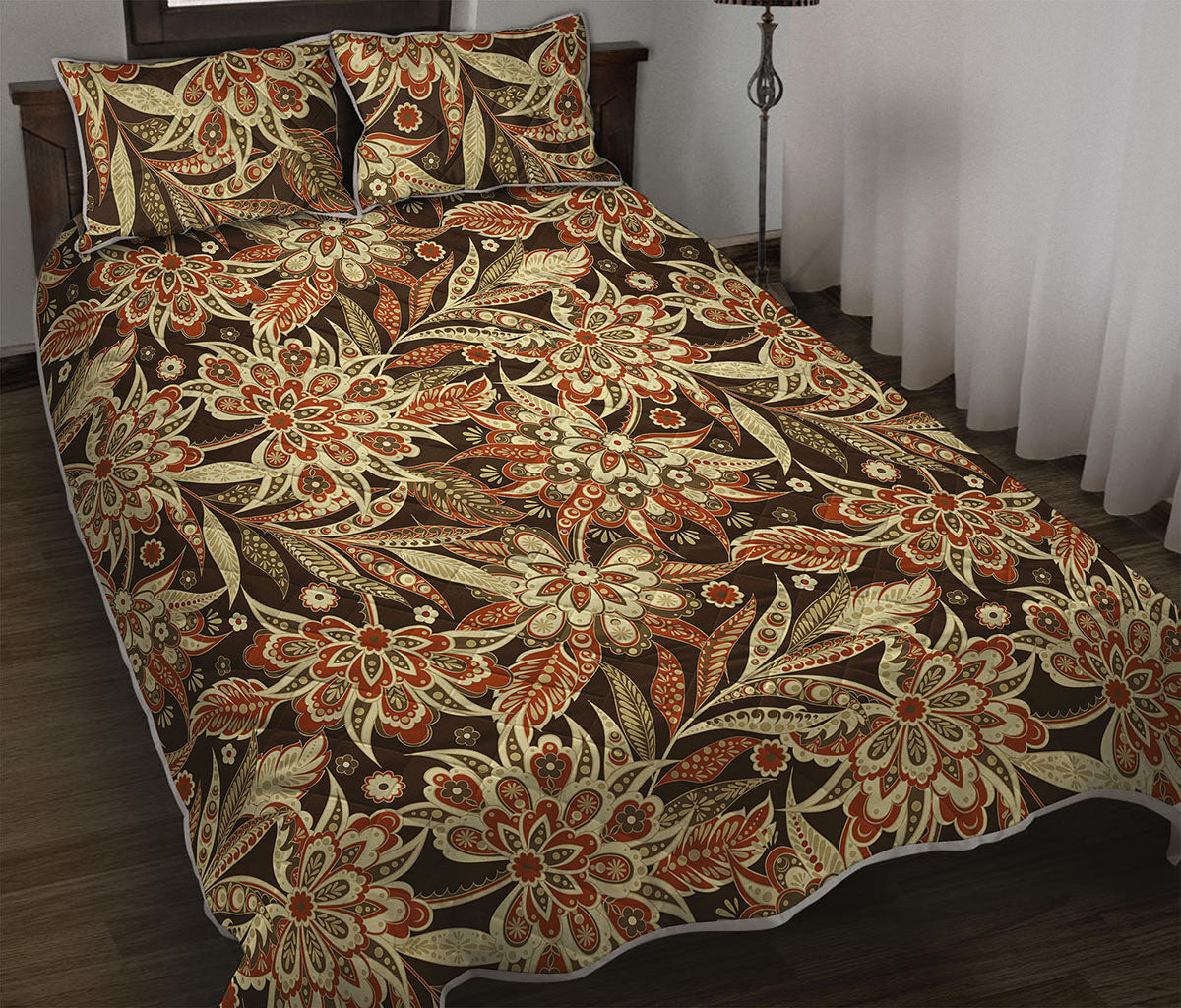 Vintage Brown Bohemian Floral Print Quilt Bed Set