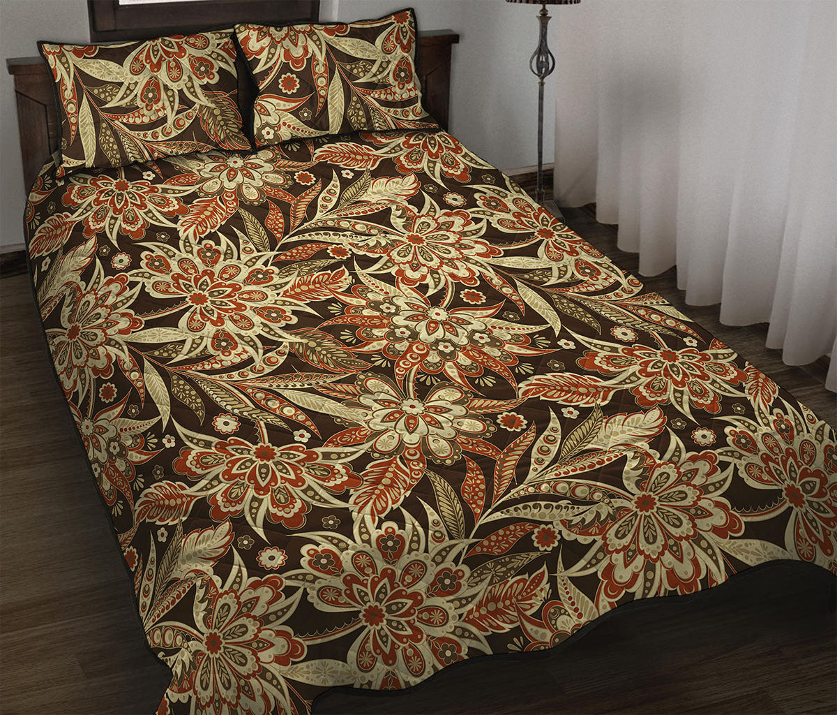 Vintage Brown Bohemian Floral Print Quilt Bed Set