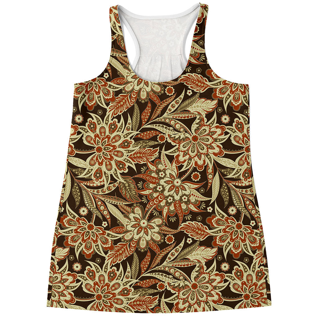 Vintage Brown Bohemian Floral Print Women's Racerback Tank Top