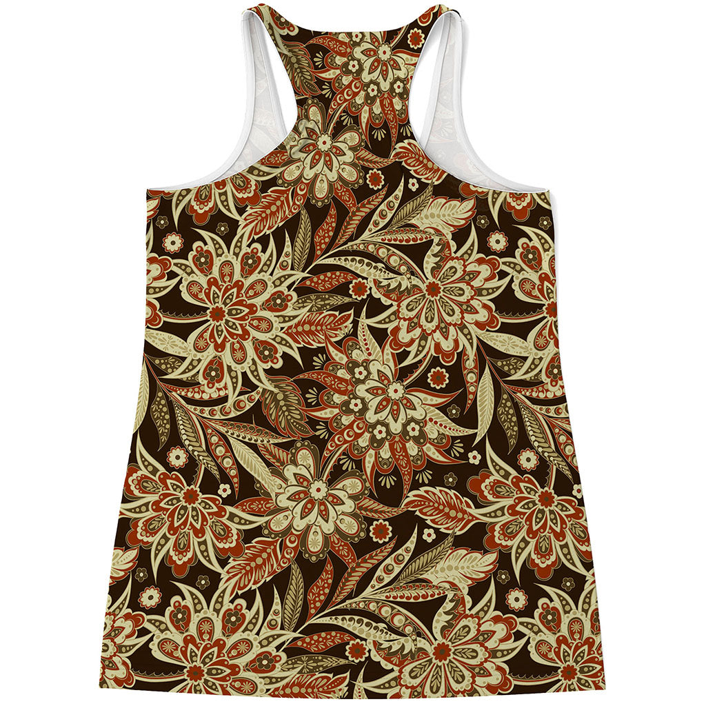 Vintage Brown Bohemian Floral Print Women's Racerback Tank Top