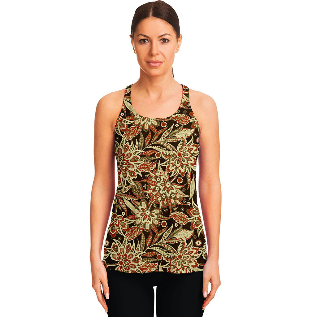 Vintage Brown Bohemian Floral Print Women's Racerback Tank Top