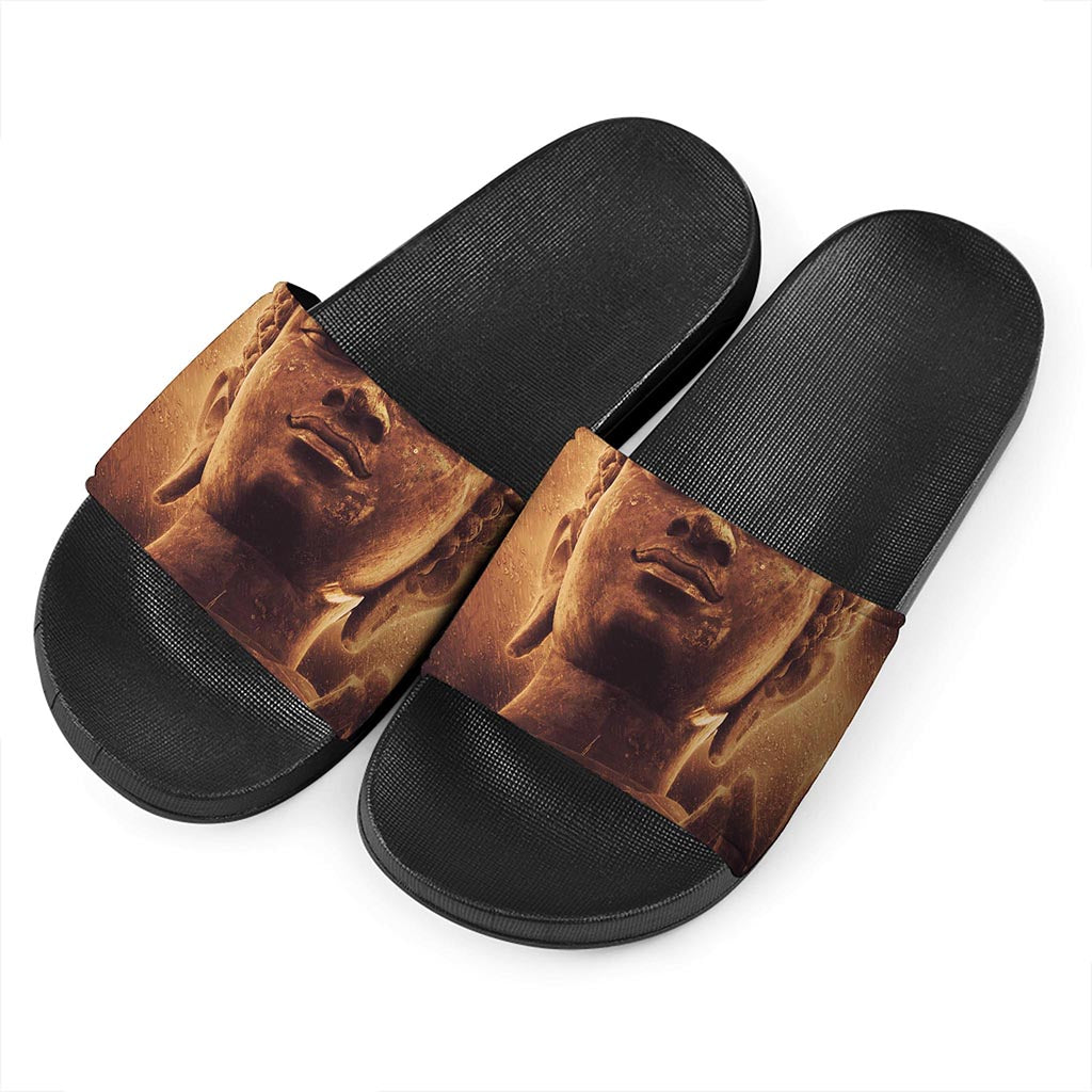 Vintage Buddha Statue Print Black Slide Sandals