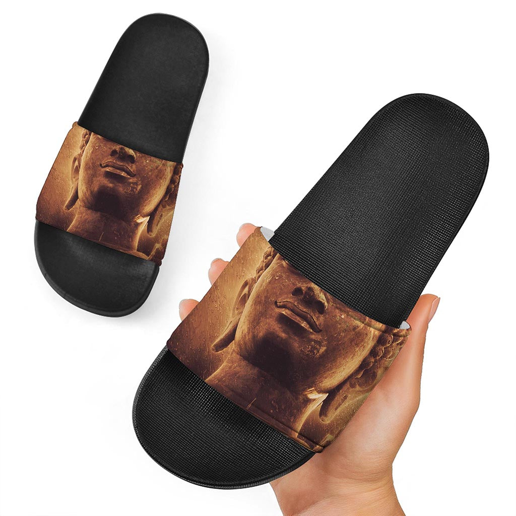 Vintage Buddha Statue Print Black Slide Sandals