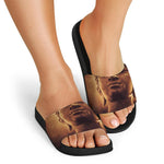 Vintage Buddha Statue Print Black Slide Sandals