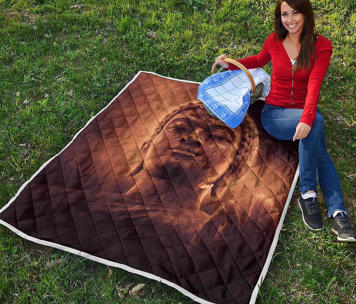 Vintage Buddha Statue Print Quilt