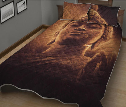 Vintage Buddha Statue Print Quilt Bed Set