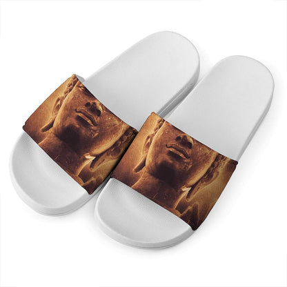Vintage Buddha Statue Print White Slide Sandals