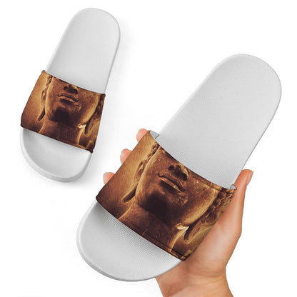 Vintage Buddha Statue Print White Slide Sandals