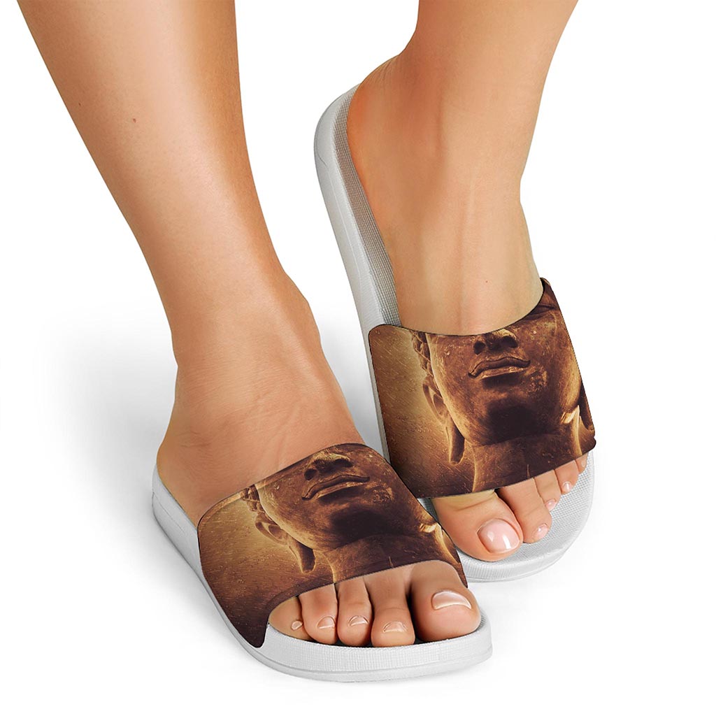 Vintage Buddha Statue Print White Slide Sandals