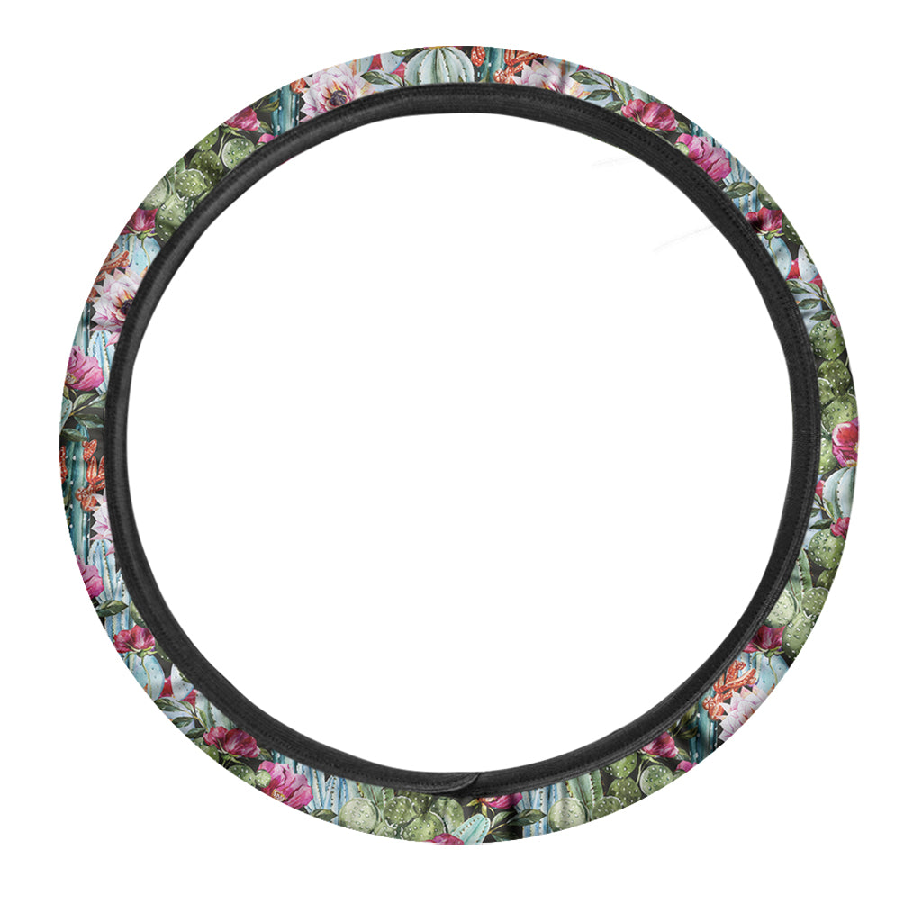 Vintage Cactus And Flower Print Car Steering Wheel Cover
