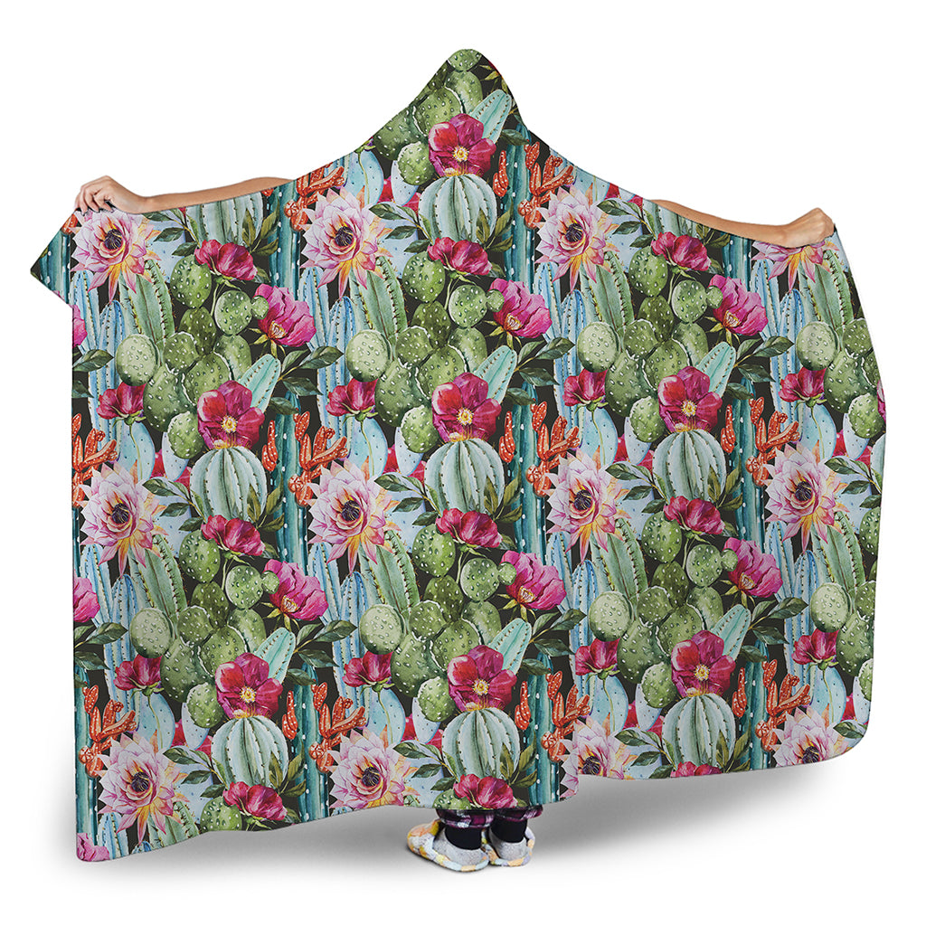 Vintage Cactus And Flower Print Hooded Blanket