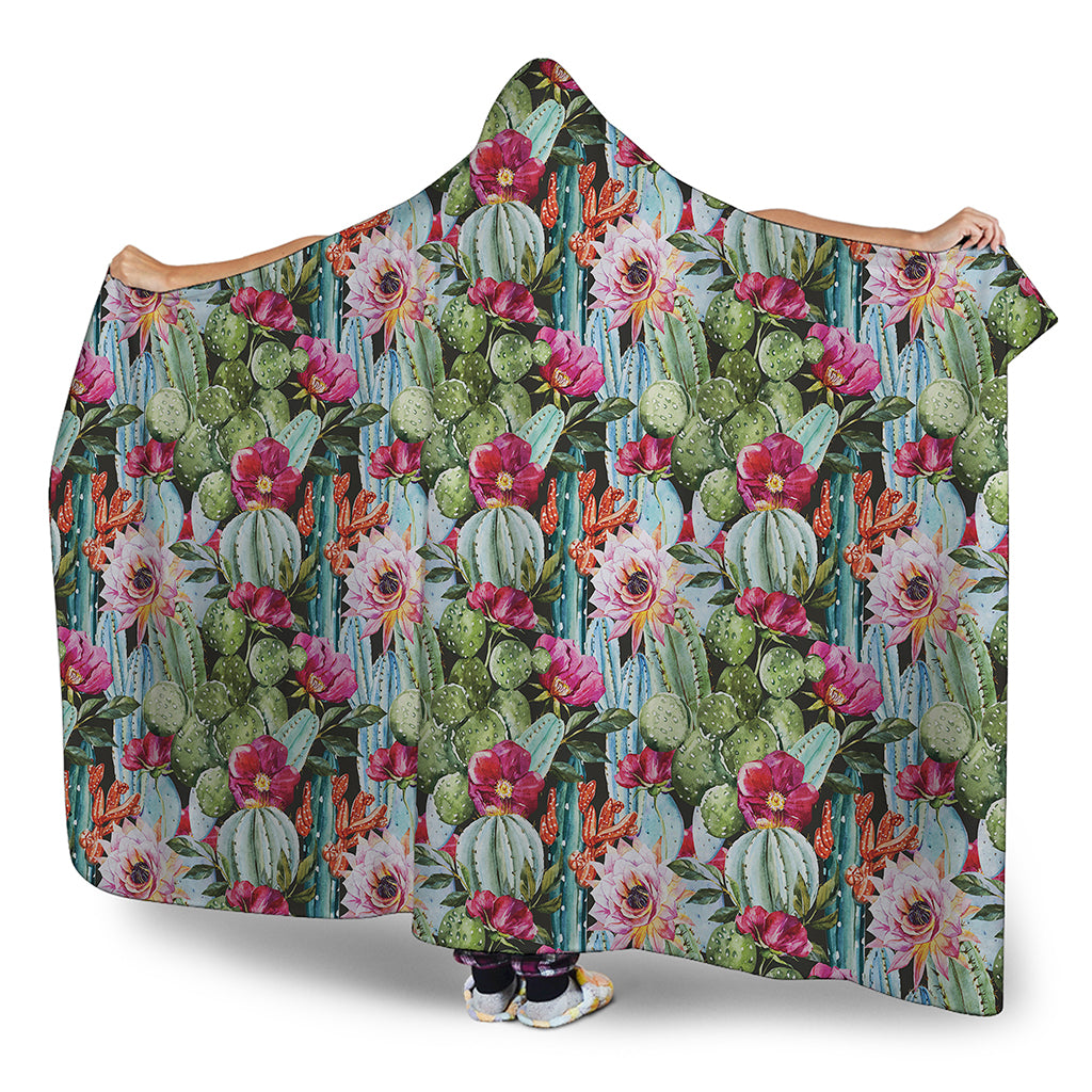 Vintage Cactus And Flower Print Hooded Blanket